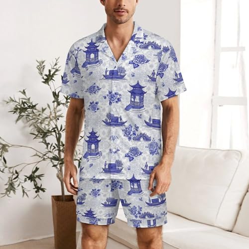 Men Soft Short Sleeve Mens Pajamas Set Blue Chinoiserie Loungewear Summer Lightweight Two Piece Sleepwear Pajamas Sets2
