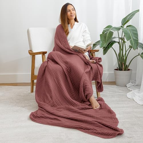 Image of Comfy Cubs Muslin Throw Blanket - 50 inch x 60 inch Quilted Design - Lightweight, Breathable 6-Layer Gauze Fabric - Soft Cotton Blanket for Home or Travel - Packaged in Elegant Gift Box - Wine