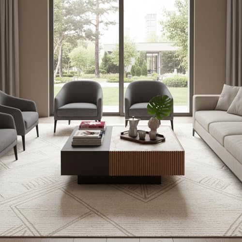Image of WOODEN SPACE Nova Luxe Square Center Table with HDHMR Marble Top & Fluted Wooden Base | Modern Coffee Table for Living Room | Premium Wooden Centre Table