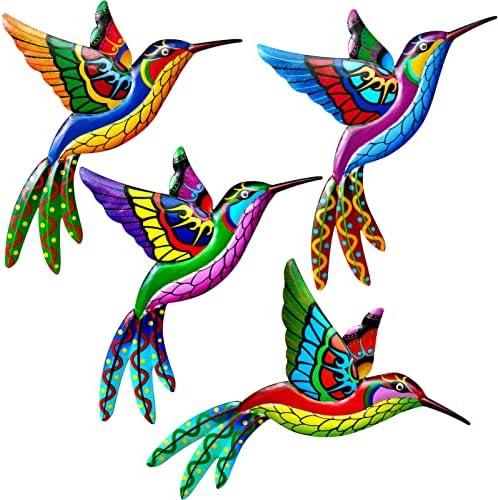 4 Pack Steel Hummingbird Wall Artwork Decor Steel Colourful Birds 3D Outside Sculpture Iron Outside Hanging Decor Ornaments Steel Hand-made Fowl Wall Artwork Fence Decorations for Dwelling Room Patio Balcony