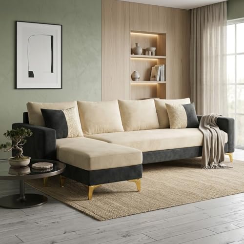Image of Classiq Rich 5 Seater L Shape Sofa Set with Movable Ottoman | Flexible Layout | Spacious Soft Touch Seating | Designer Sofa for Living Room (Dark Grey-Cream)