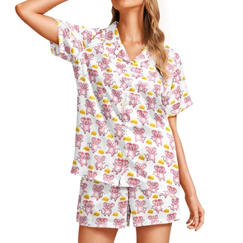 Image of Funny Pajamas for Women Set Print Satin Loungewear Pjs Short Sleeve Button Down Top and Shorts Sets Sleepwear XS-3XL