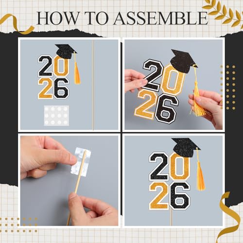 Image of 10 Pcs Graduation Table Centerpieces Sticks with Tassels, class of 2026 Grad Cap Picks Table Decoration Cupcake Toppers for Party Centerpiece Decoration Supplies(Black and Gold)
