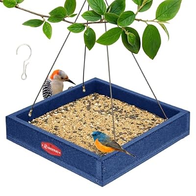 Kingsyard WPC Composite Platform Bird Feeder for Outside, Heavy Duty Hanging Tray for Mealworms & Seeds, 3.5 lbs Large Capacity, Weatherproof Recycled Plastic Material, Easy to Clean, Blue