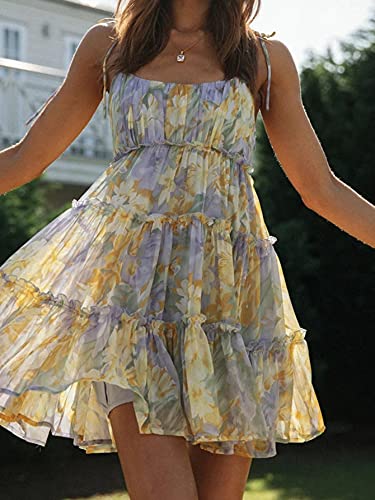 kinstell Women's Boho Spaghetti Strap Ruffle Square Neck Bowknot Backless Sleeveless Elegant Flowy Mini Short Skater Dresses3