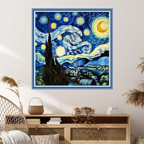 Image of Dimxvean Stamped Cross Stitch Kits,Cross Stitch Kits for Adults Beginners,Embroidery Kits Full Range of Cross Stitch Stamped Kits Needlepoint Kits Cross Stitch Patterns-Van Gogh's starrysky 18x18 inch