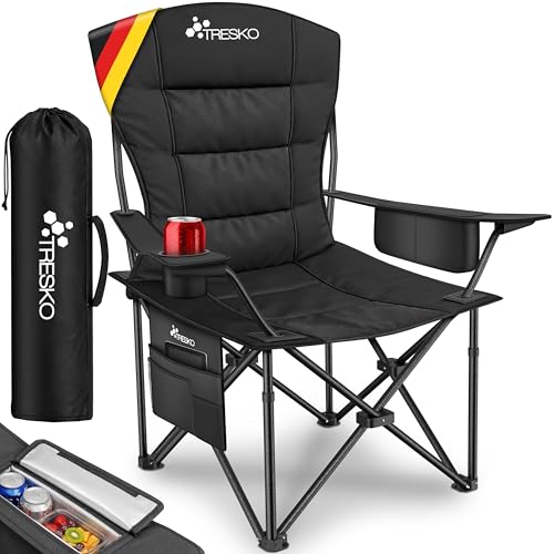 TRESKO® Campingstuhl Faltbar bis 200kg | Faltstuhl mit Kühltasche, Getränkehalter & Seitentasche | Klappstuhl XXL inkl. Tragetasche | Angelstuhl gepolstert für Outdoor, Angeln, Festival & Garten