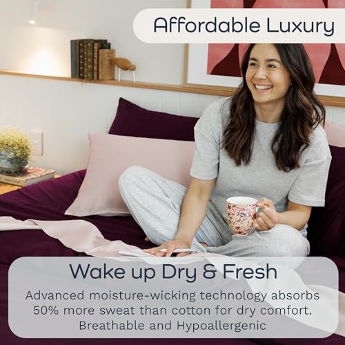 Image of Olive + Crate Tencel Lyocell Eucalyptus Sheets King Size - Cooling Tencel Sheets for Hot Sleepers with 18 Inch Deep Pocket Fit - Sour Cherry 4-Piece Set