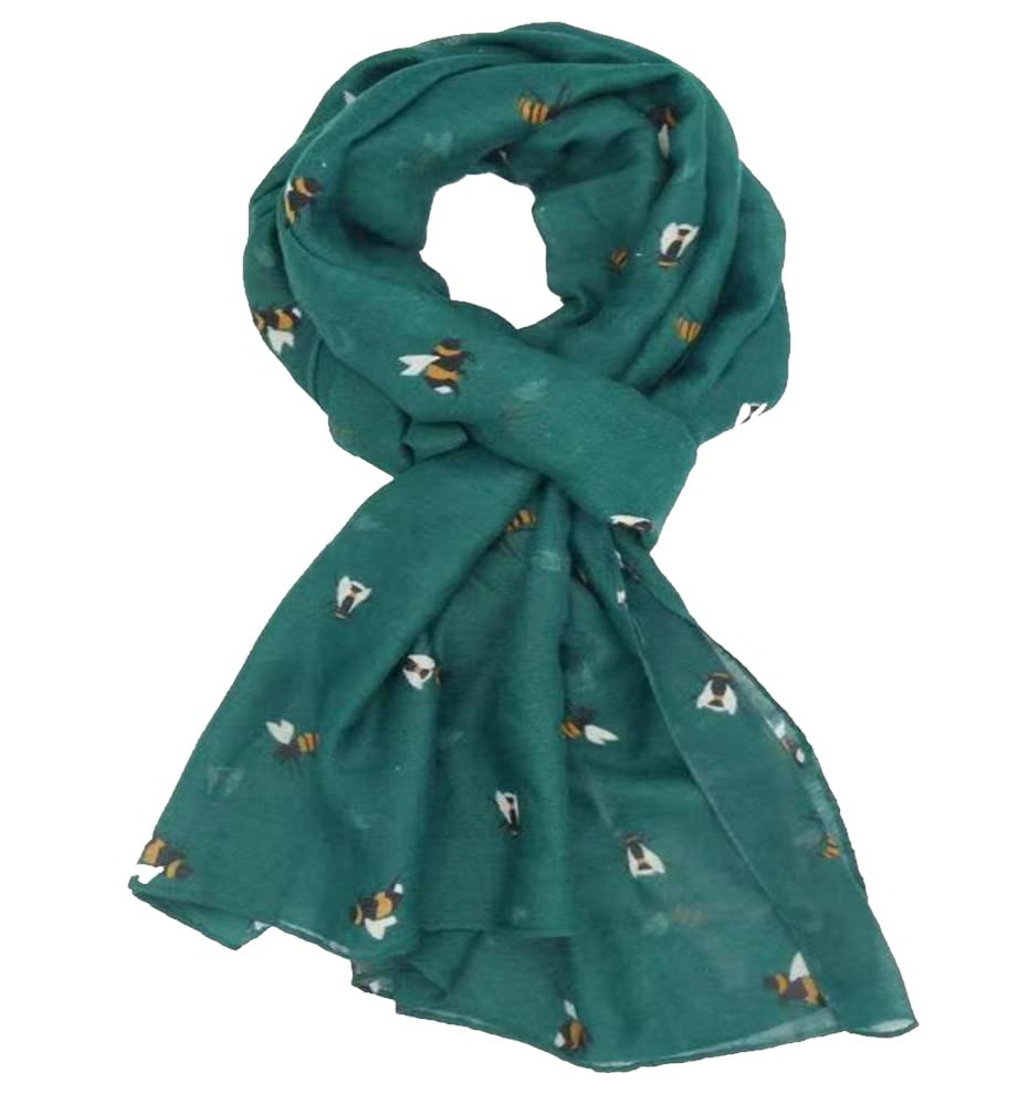 Lilyrosa Women's Teal Green Lilyrosa® Bee Scarf Bumble Bees Pattern Design Print Grey Navy Turquoise Blue Mint Green Scarves (Teal Green)