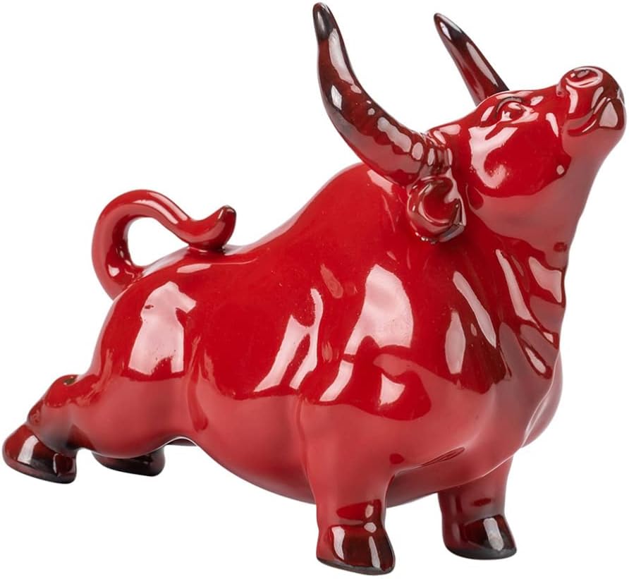 Wakauto Chinese Zodiac Ox Figurine Ceramic Fortune Bull Feng Shui Collectible Figurine Chinese Wealth Table Decoration ( Red )