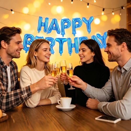 Alaoo Balony urodzinowe Happy Birthday, banery urodzinowe, 40 cm, ze wstążką i słomką, do dekoracji imprezowych, niebieski