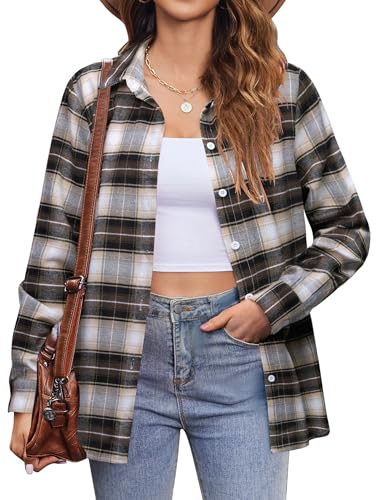 Zeagoo Plaid Shirts for Women Business Casual Button Down Long Sleeve Flannel Collared Blouses Work Tops M