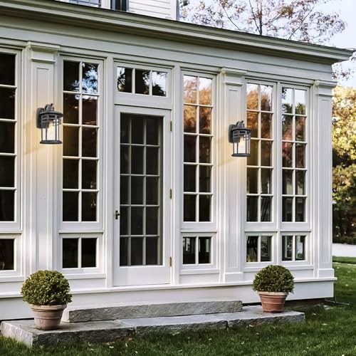 Image of Darkaway Dusk to Dawn Outdoor Porch Wall Light,Outside Wall Mounted Light Seeded Glass Exterior Waterproof Lantern 14.57inch Large Modern Wall Sconce Lighting for House Front Door Garage