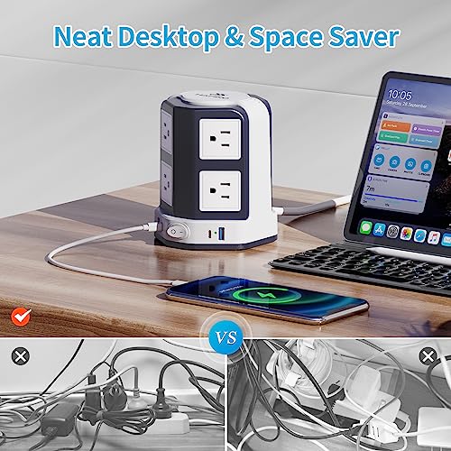 Surge Protector Power Strip Tower Pd 20W Usb C, 10 Ft Extension Cord With Multiple Outlets, Hafino 8 Outlets With 4 Usb Ports, Flat Plug Desktop Charging Station, Home Office Dorm Room Desk Essentials #TOP3