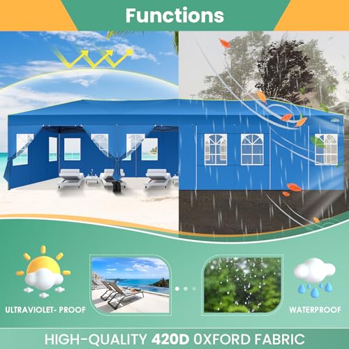 Image of COBIZI 10x30 Pop Up Canopy Tent, Wedding Party Tent with 8 Sidewall One Push Setup Glow, 3 Adjustable Height Air Vent Waterproof UPF50+, Wheeled Bag, 4 Sandbag, 8 Stake, Ropes for Commercial, Outdoor