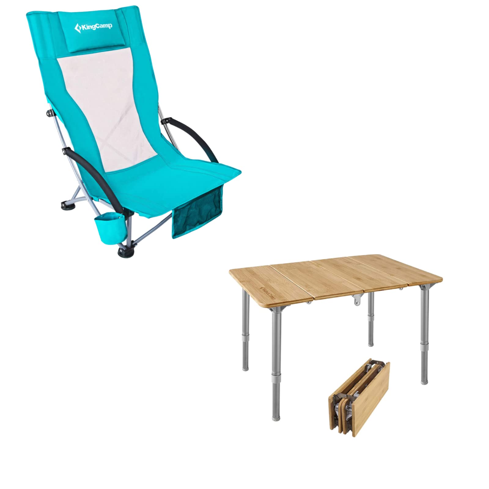 KingCamp Mesh Back Low Seat Folding Portable Lightweight Beach Chair with Camping Table Bamboo Folding Table with Adjustable Height for Picnic Beach Tent