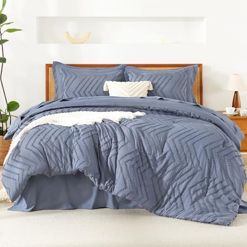 Image of Litanika Queen Size Comforter Set with Sheets Bluish Grey - 7 Pieces Bed in a Bag Queen Chevron Tufted Complete Bedding Sets with Comforter, Sheets, Pillowcases & Shams