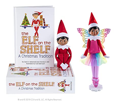 Image of The Elf on The Shelf Scout Girl (Dark Tone/Brown Eyed Girl) Box Set, Storybook and Magifreez Rainbow Snow Pixie Accessory [Multi-Item Bundle]
