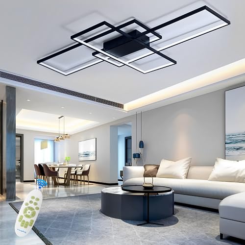Plafonnier LED dimmable 65W noir lustre rectangulaire de 80cm pour salon