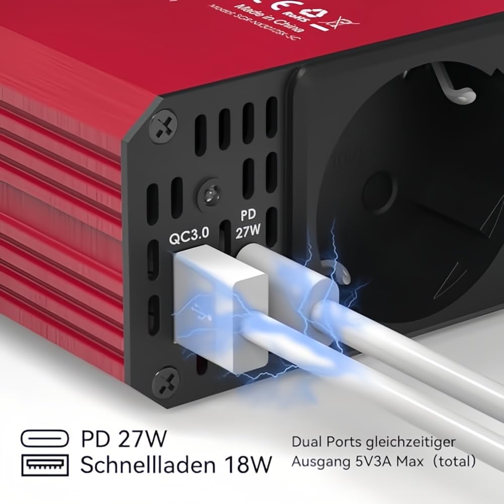 ALLWEI 300W Wechselrichter 12V auf 230V Spannungswandler, Stromwandler mit Typ-C & USB Anschluss, Inverter 12V 220V, Auto Steckdose für Auto, Laden von Handys, Laptops und Anderen Geräten(Rot)