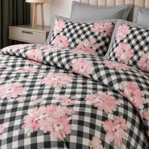 Image of DECOR2ADMIRE 300 TC Super King Size Glace Cotton Printed Bedsheet with 2 Pillow Covers - 108 inch x 108 inch (275cm x 275cm) - Available in Multiple Elegant Designs (Pink Floral Check)