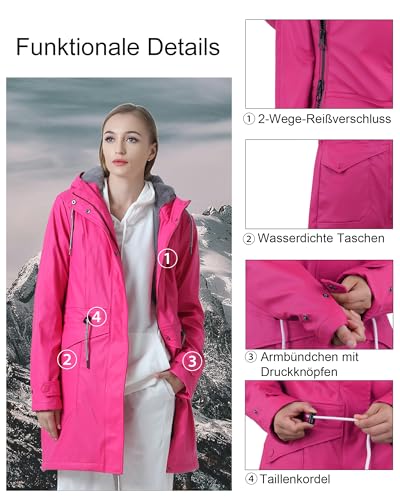 rhythm of the rain Regenjacke Damen mit Warm gefüttert Winterjacke Damen wasserdicht PU Regenmantel Friesennerz übergangsjacke mit Kapuze Rose 44