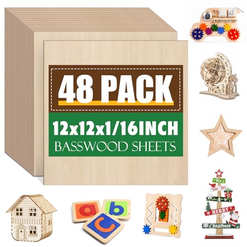 48 Pack Basswood Sheets 1/16x12X12Inch Plywood Sheets for Crafts.Unfinished Wood Boards for Laser Cutting & Engraving Burning Balsa Wood Sheet for Painting.
