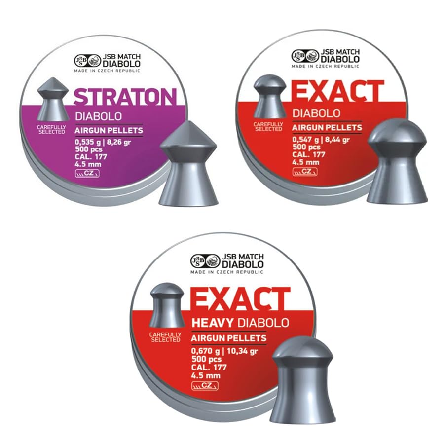 Pack 3 Cajas de Balines JSB Straton (4,5MM), JSB Exact (4,52MM) y JSB Exact Heavy (4,52MM)| 500 uds por Caja. Balines de aleación. Rápidos, precisos y penetrantes.