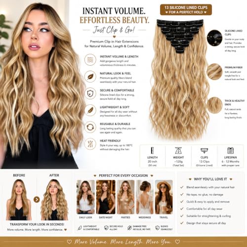Image of Salon-Grade HONEY BLONDE Curly /Wavy Clip-in Extensions - 6PCS Synthetic Hair Volumizer with 13 Secure Clips for Instant Volume & Realistic Blend