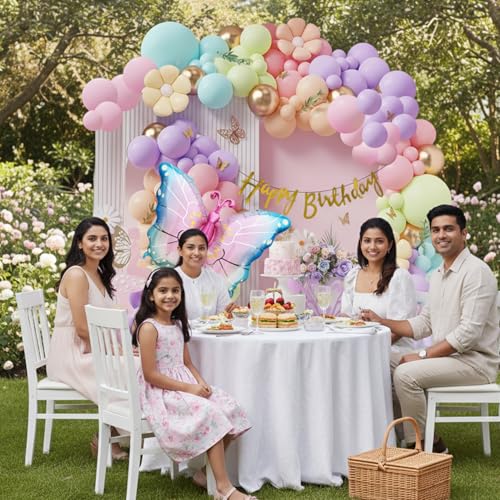 Image of Party Propz Butterfly Theme Birthday Decoration Kit For Girls - 96 Pcs, Whimsical Pastel Birthday Decoration Items, Giant Butterfly Foil Balloon, Stickers, Happy Birthday Banner(Foil,Cardstock)