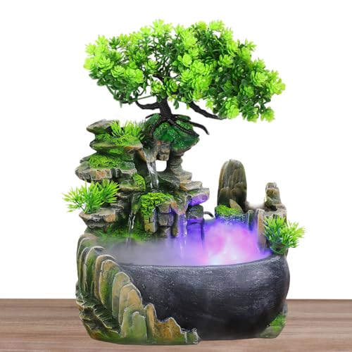 Zimmerbrunnen Wasserfall, Grüne Pflanze Brunnen mit Farbwechsel LED Beleuchtung und Zerstäuber, Zimmerbrunnen Klein für Zimmer, Wohnräume und Büros, Reinigt die Luft (20 x 15 x 28 cm)