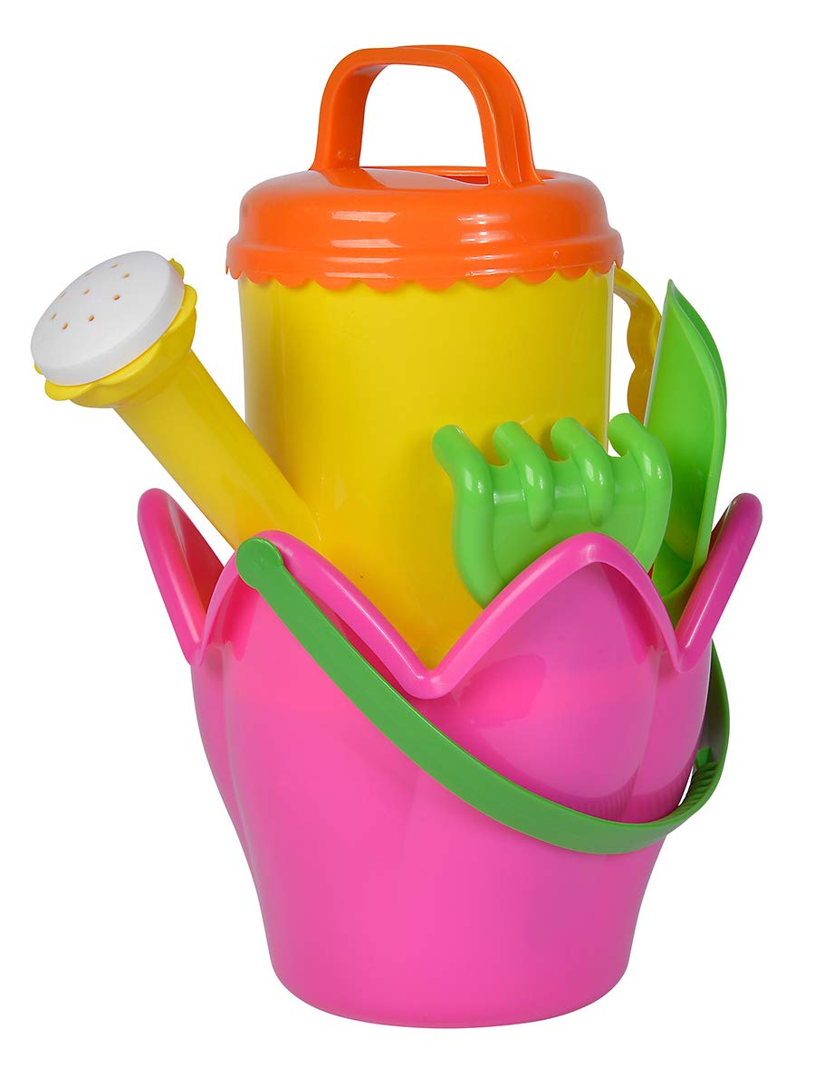 Simba 107114508 Flower Bucket Set, 5 Pieces, Bucket, Strainer, Shovel, Rake, Watering Can, Height 16 cm, Sandpit, Sand Toy