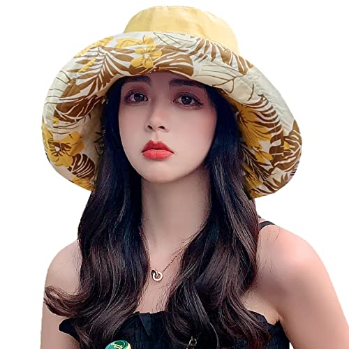 Huamulan Women Wide Brim Summer Sun Hat Wired Edge Floral Beach Bucket Hats Reversible Foldable Fishing Travel Uv Protection Lady Hat Windproof Chin Cord String #TOP13