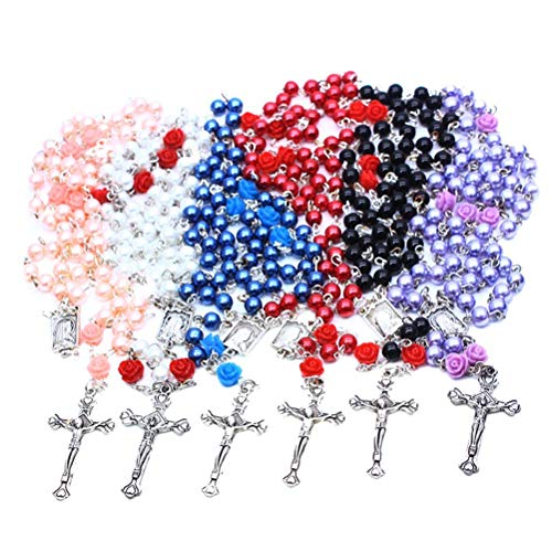 YINLANG Collier, Fleur Perle, Collier, 6 pièces Rose Fleur Perle Chapelet Collier Bijoux Plusieurs Couleurs Chapelet Perles de Perles Collier catholique pour Filles Adolescents Femmes Hommes Cover