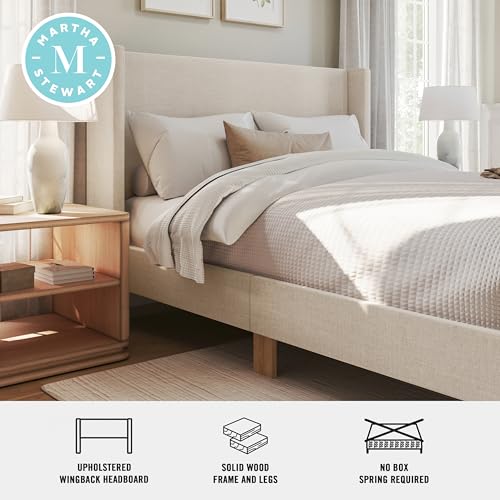 Image of Martha Stewart Maisie Queen Wingback Upholstered Platform Bed, Beige
