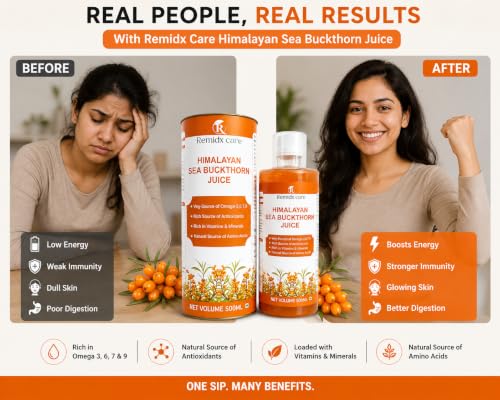 Image of Remidx Care Himalayan Sea Buckthorn Juice 500ml | Rich in Omega 3, 6, 7 & 9 | Natural Source of Antioxidants, Vitamins & Minerals | Amino Acids | Daily Wellness Drink | No Artificial Colors or Flavours Seabuckthorn Juice 500ml.