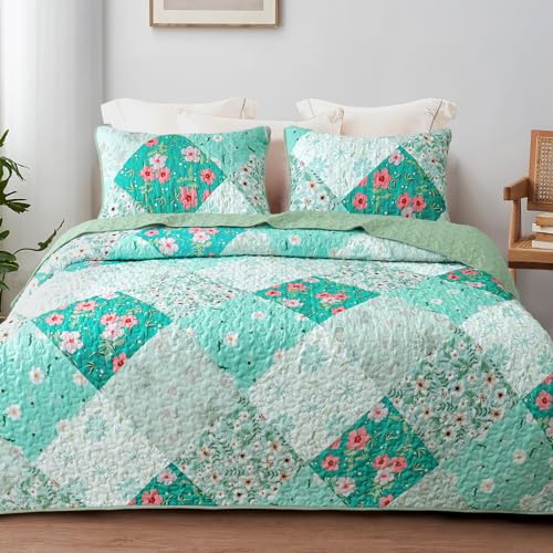 Whale Flotilla Reversible Patchwork Quilts Full Queen Size, Lightweight Boho Printed Bedspreads Coverlets Quilt Bedding Set with 2 Pillow Shams for All Seasons, Light Green