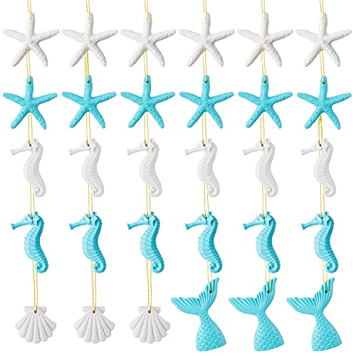 WATINC 30pcs Ocean Themed Hanging Resin Ornament for Summer Party Decoration, Blue White Starfish Seahorse Seashells Mermaid Hanging Tag with Gold Rope for Nautical Theme Holiday Party Favor Supplies
