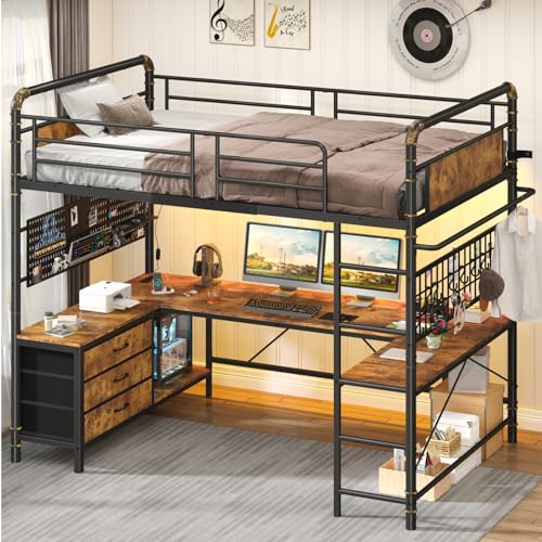 CSZZD Twin Loft Bed with U-Shaped Desk, Metal Loft Bed with LED Lights, Charging Station, Industrial Heavy Duty Bunk Loft Bed Frame with Desk and 3 Storage Drawers, 3 Pegboards, Safety Guard & Ladder