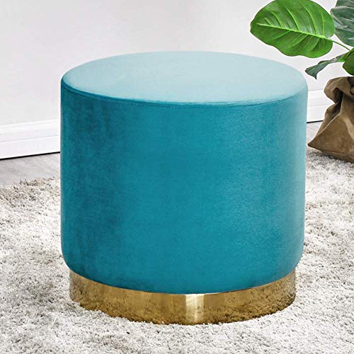 Repose-Pieds Rond en Velours Bleu Clair et Base Or 40x38cm