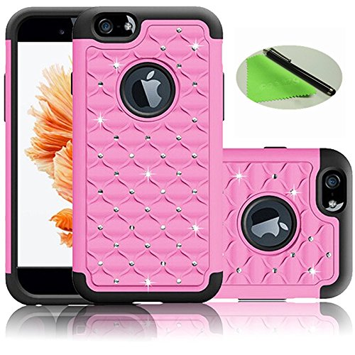 Coolzu(TM) iPhone 6 Plus,iPhone 6s Plus Case Heavy Duty Shock Absorbing Hybrid Stud Rhinestone Bling Dual Layer Protection Cover Cases for Apple 6 6s Plus-5.5 Inch (Pink)