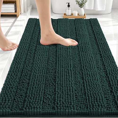 Image of OLANLY Thick Bathroom Rugs 30x20, Extra Absorbent Chenille Striped Bath Rugs, Rubber Backing, Machine Wash Dry, Bath Mats for Bathroom Floor, Tub and Shower, Home Decor Accessories, Blackish Green