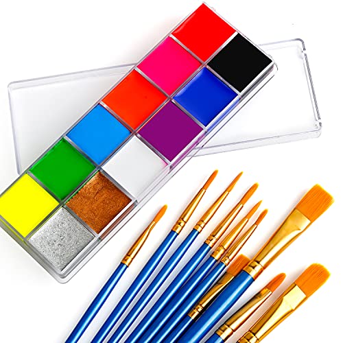 Face Body Paint Oil Palette Kit, 12 Colors UV Glow Neon Face Painting with 10 PCs Brushes, Safe Facepaints Body Art for Adults and Kids Ideal for Halloween, Cosplay Costumes, Parties and Festivals…