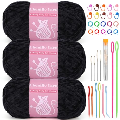 Image of LUNARM Chenille Yarn for Crochet Knitting Chunky Blanket Velvet Yarn | 3 Pack 3.5oz /100g 486 Yard Black Chenille Yarn for Beginners Knitting Scarves with Big Eye Needles Machine Washable