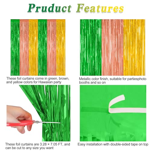 Image of ZATAYE 4 Pack Green Brown Yellow Hawaiian Luau Foil Curtain Decorations | Green Brown Yellow, Metallic Foil, 3.28 x 7.05 FT, Tinsel Backdrop, Foil Curtain Streamer, Luau Party