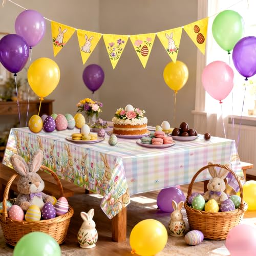 Image of OQOQ Plaid Pastel Easter Tablecloth (2 Packs) -108x54 inches Spring Easter Table Cloth Colourful Happy Bunny Disposable Waterproof Table Cover for Party Decoration Picnic Dinning Home Decor