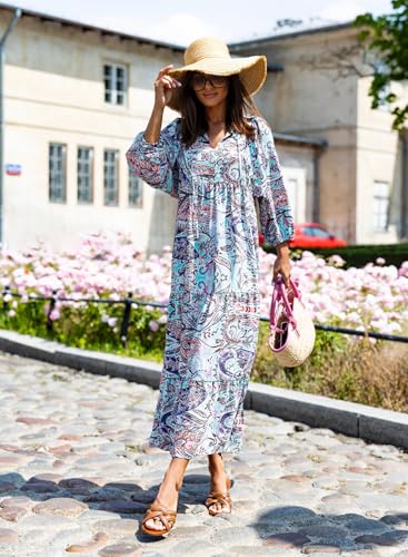 Image of miduo Womens Casual V Neck Half Sleeve Bohemian Geometric Maxi Long Dresses | Loose Fit Beach Summer V Neck Half Sleeve Bohemian Maxi Long Dresses Boho Resortwear Holiday