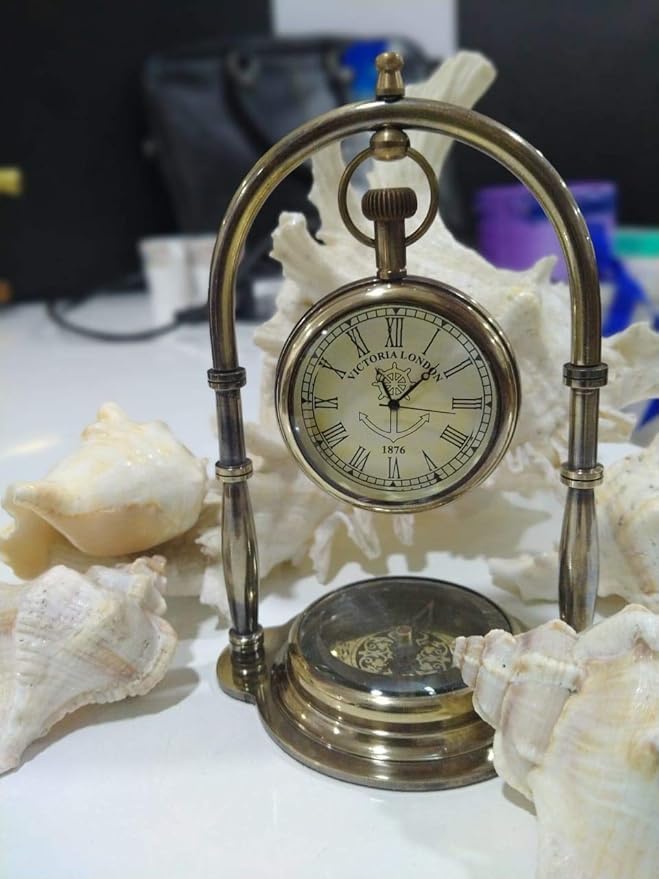 Engraved Maritime Compass Base Nautical Table Clock Ship's Clock Antique Brass Hanging Desk Clock Victoria London Pocket Watch Vintage Decorative Clock for Your Love one & Wedding Gift