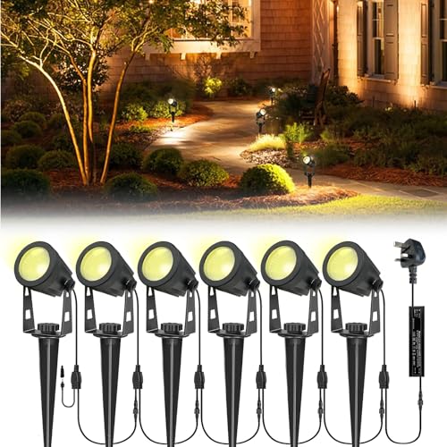 Litake Garden Lights Mains Powered,6 Pack Pathway Lights 21m/68.9ft 3W Extendable LED Spike Lights Outdoor Landscape IP66 Waterproof Spotlights for Lawn Tree Patio Yard Wall (3000K Warm White)