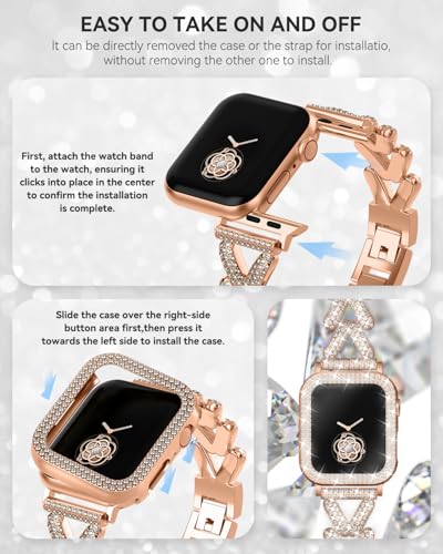 Image of Rhinestones Encrusted Metal Bracelet and Case, Compatible with Apple Watch Bands 38mm-49mm (Series 11 /10 /1 /SE /Ultra 2)- Bling Gold Women's Jewelry Strap, Luxury iWatch Bracelet